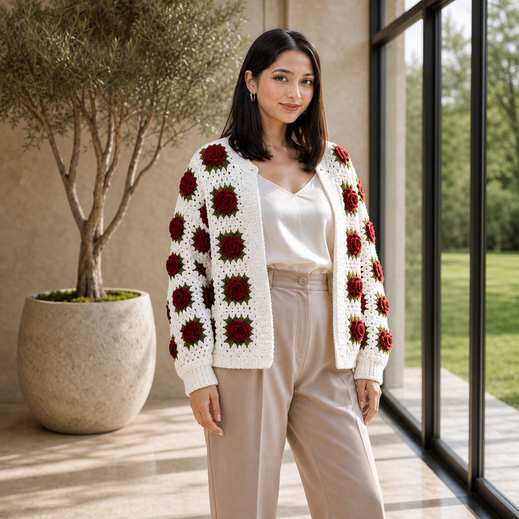 Rose Granny-Square Hand-Crocheted Cardigan