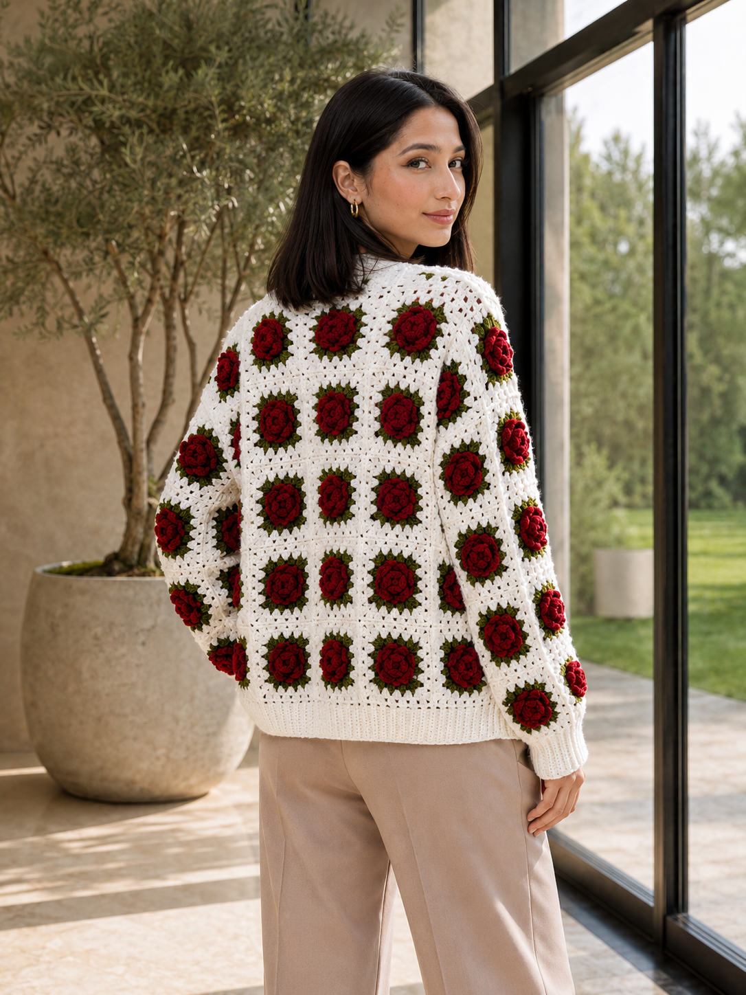 Rose Granny-Square Hand-Crocheted Cardigan view 2